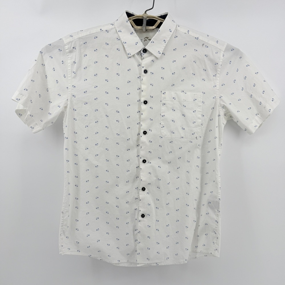 Bohio Shirt Mens M Short Sleeve‎ Button Down White Blue Palm Tree Print Casual